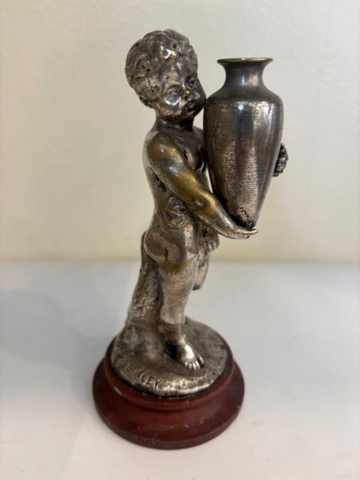 Frnech victorian silver plate bronze cupid holding urn